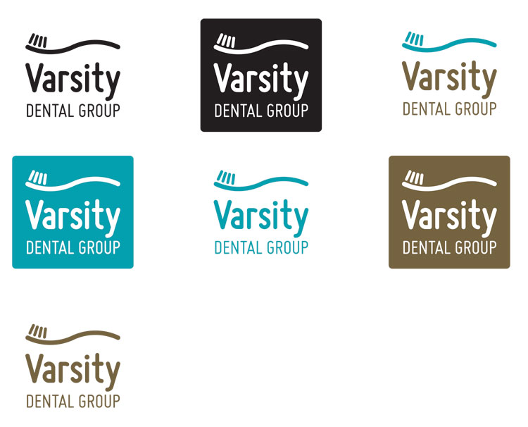 Varsity Dental logo in vertical format, with colour variations